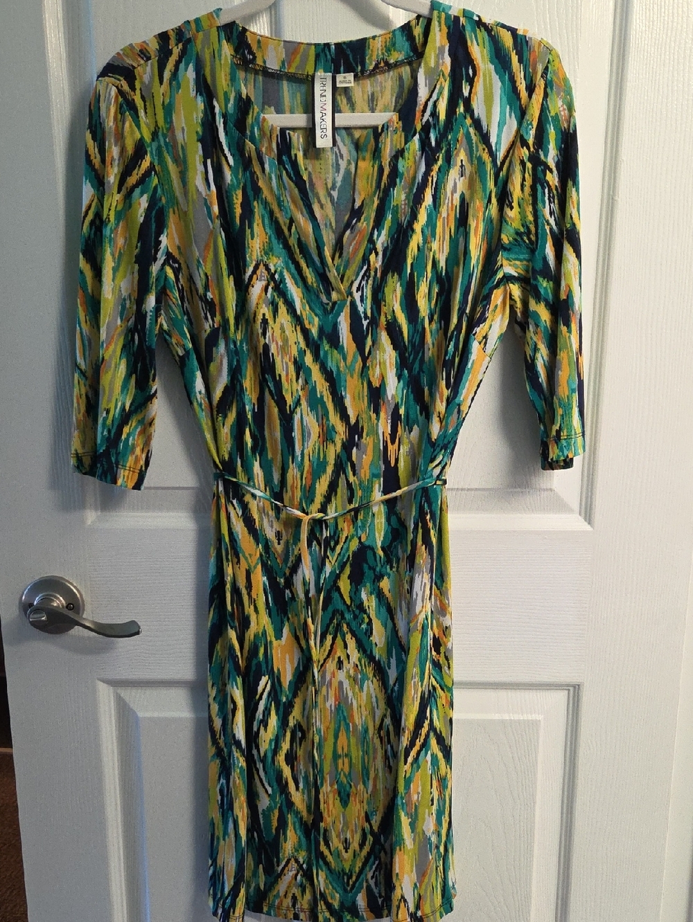 Green and Yellow Abstract  Dress with 3/4 Sleeves